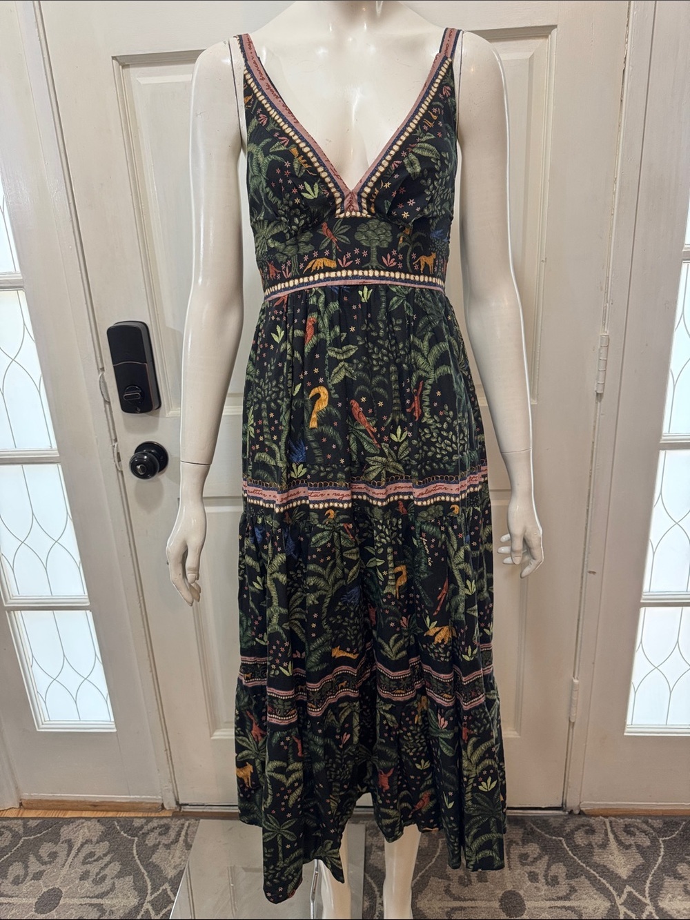 Farm Rio 100% Cotton V-Neck Tiered Tropical Print Maxi Floral Black Dress Sz S - Picture 3 of 15